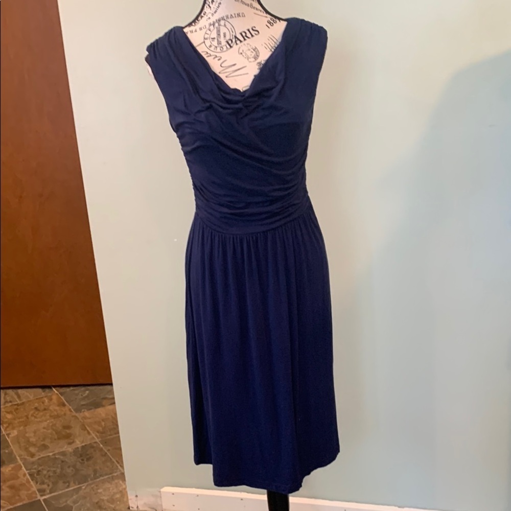 Gilli Navy Blue Drape Neck Sleeveless Midi Party or Office Dress Women’s Small